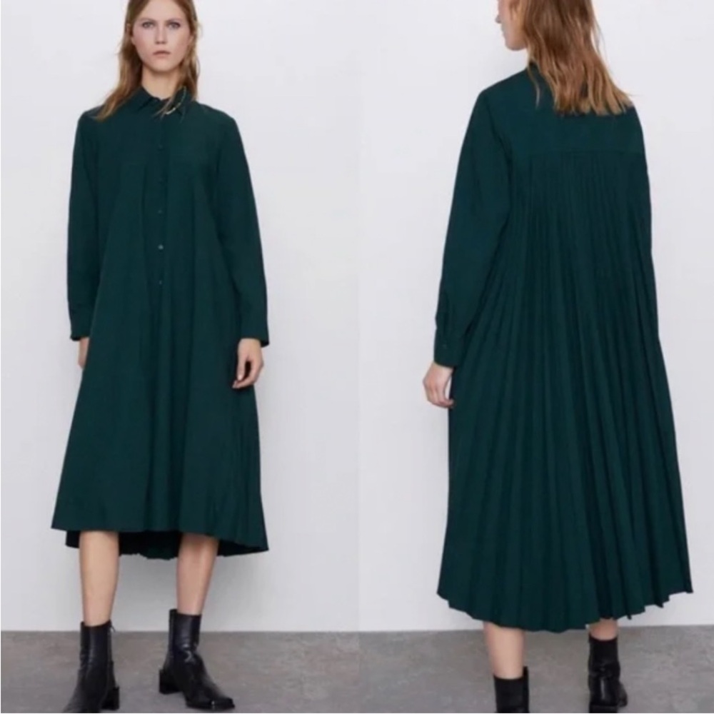 Zara Hunter Green Midi Pleated Dress - Picture 2 of 15